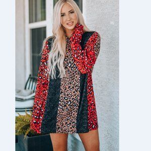 Leopard Color Block Crewneck Tunic Top